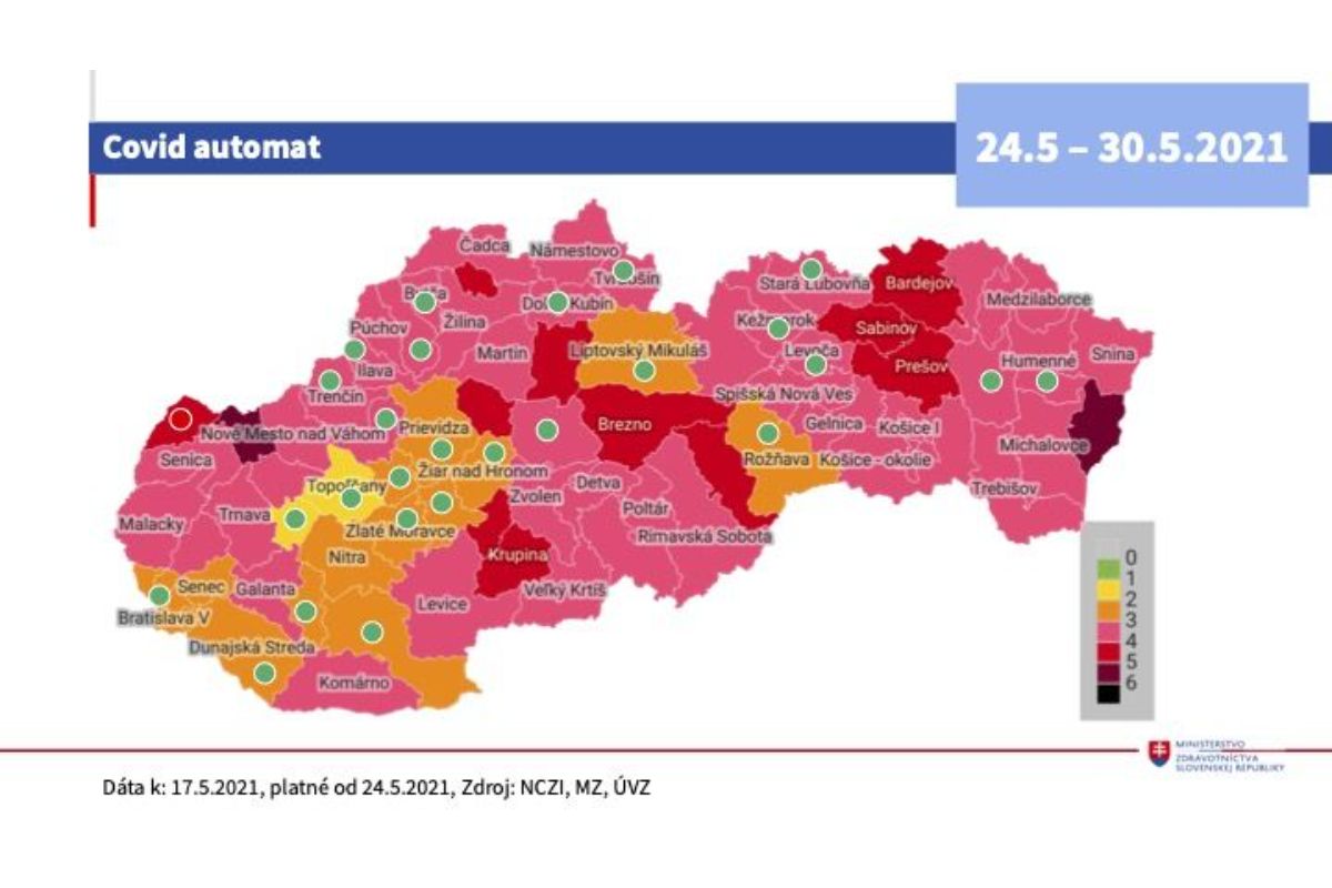 Aktualizácia  rizikovosti okresov pre opatrenia v rámci Covid-automatu -  od 24. mája 2021